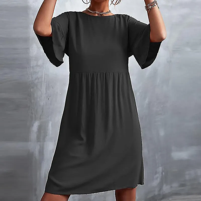 Damas Básica Media Manga Vestido de Sol Mujeres Viaje Sencillo Cuello Tripulación Camiseta Vestido