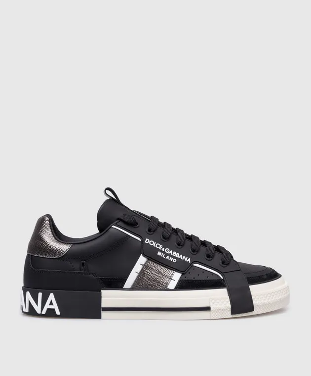 Dolce&Gabbana Custom 2.Zero black leather sneakers with contrasting textured logo
