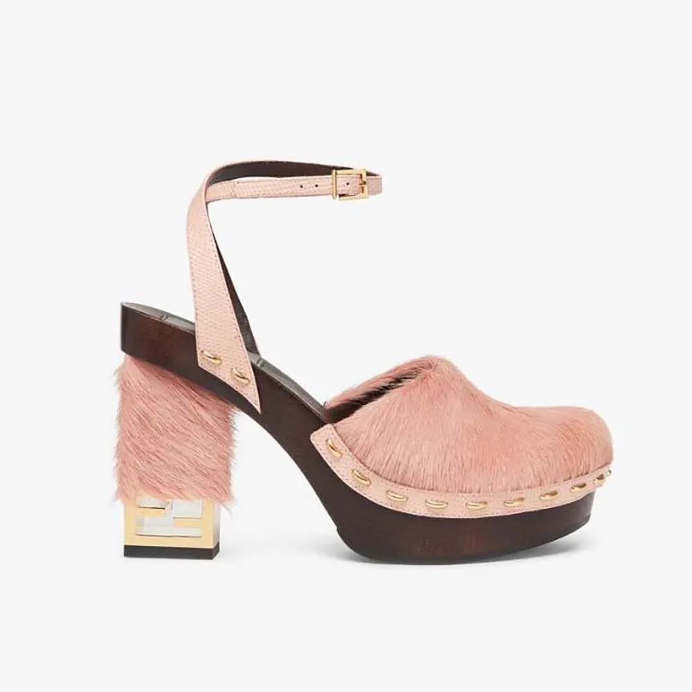 Fendi Mujer Baguette Show Zuecos De Tacón Alto Con Pelo De Pony Rosa