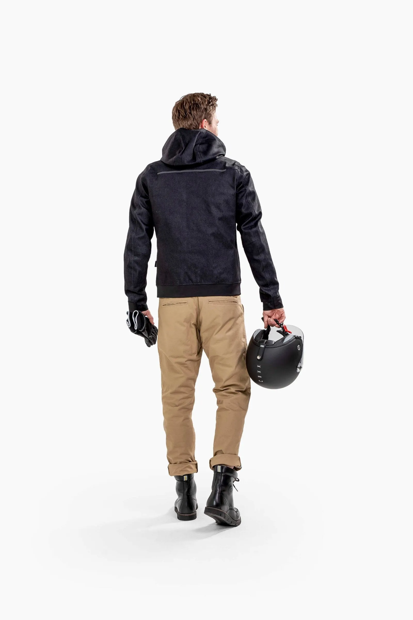 Giacca softshell impermeabile con cappuccio in jeans elasticizzato, con gilet termico rimovibile