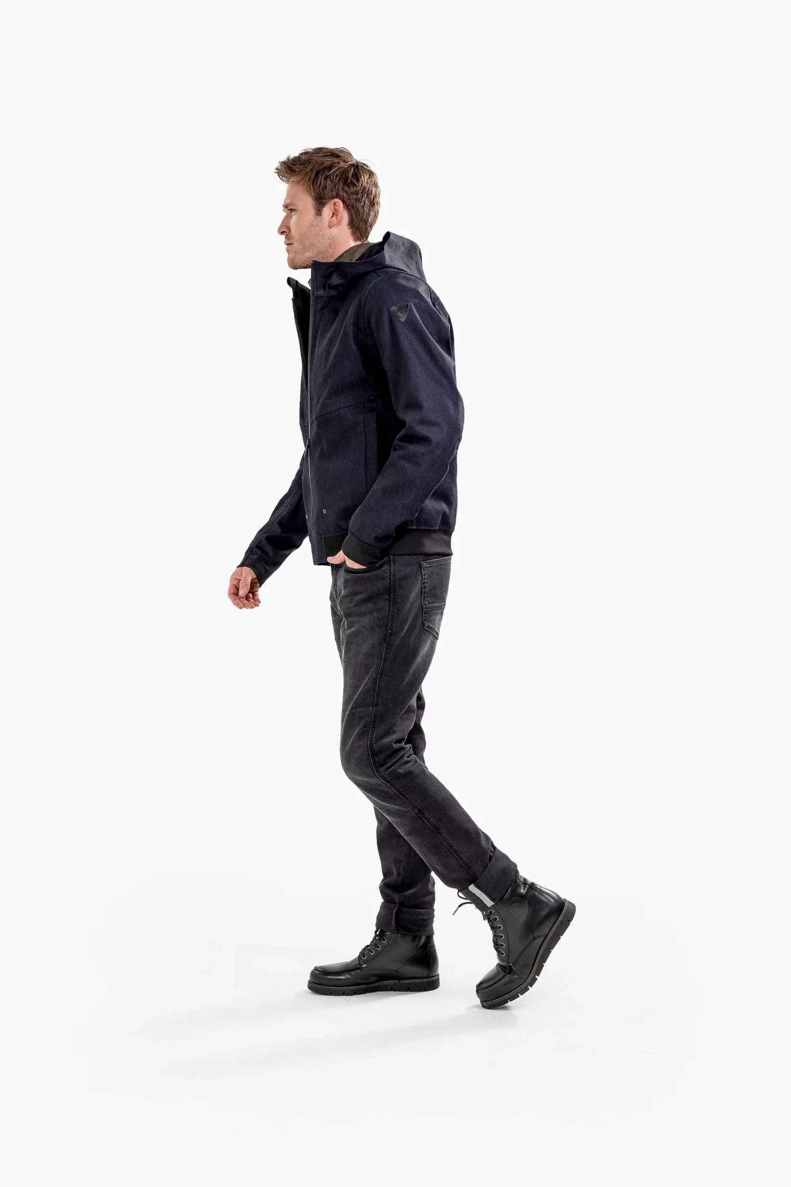 Giacca softshell impermeabile con cappuccio in jeans elasticizzato, con gilet termico rimovibile