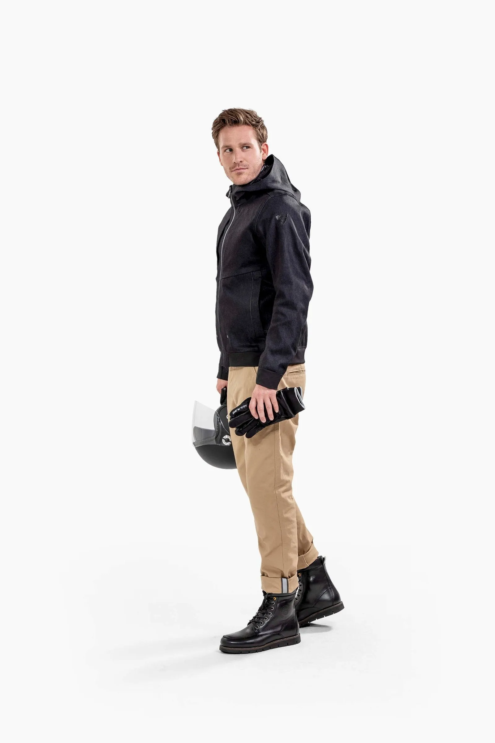Giacca softshell impermeabile con cappuccio in jeans elasticizzato, con gilet termico rimovibile