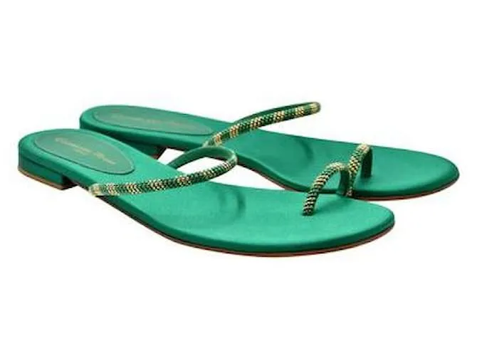Gianvito Rossi Sandalias planas de satén verde botella con un dedo 