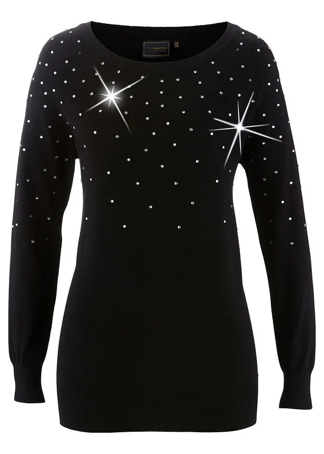 JERSEY LARGO CON PIEDRAS BRILLANTES NEGROPLATEADO
