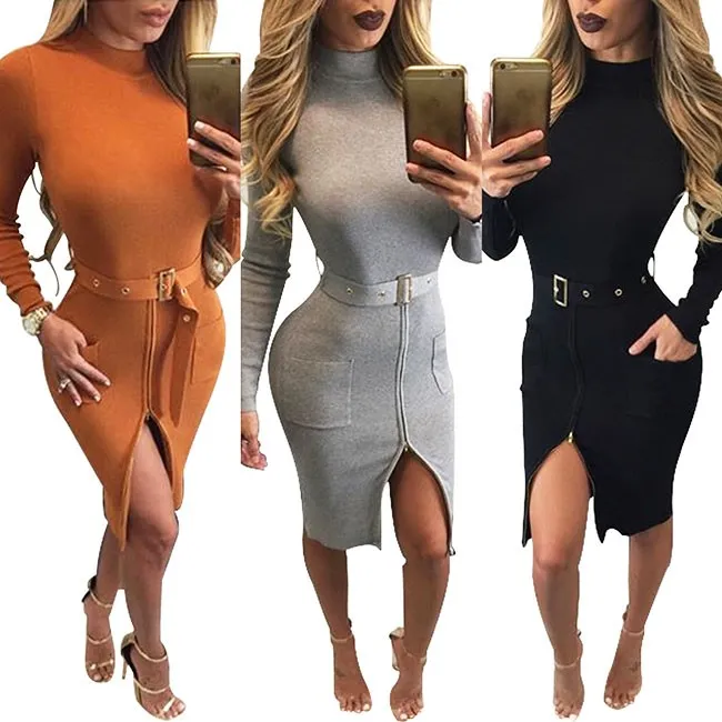 Long Sleeves Turtleneck Tight Split Splicing Bodycon Dresses With Belt