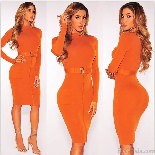 Long Sleeves Turtleneck Tight Split Splicing Bodycon Dresses With Belt