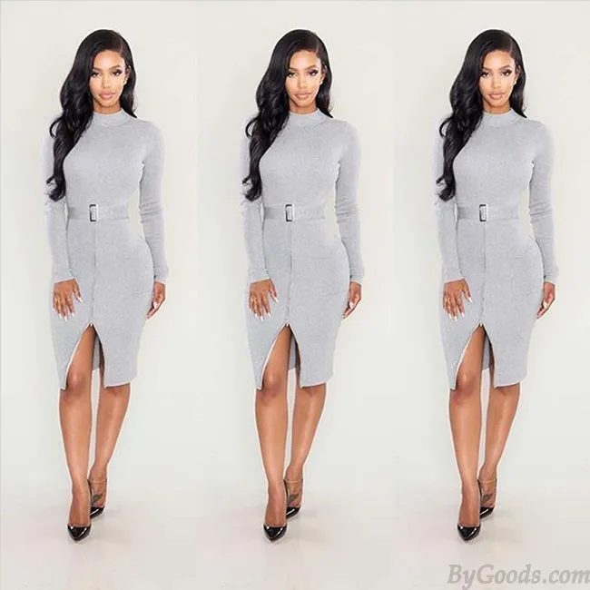 Long Sleeves Turtleneck Tight Split Splicing Bodycon Dresses With Belt