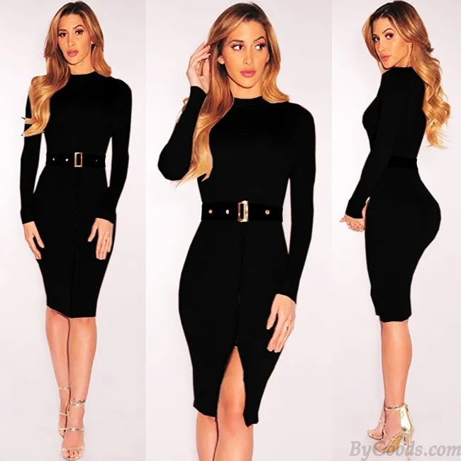 Long Sleeves Turtleneck Tight Split Splicing Bodycon Dresses With Belt