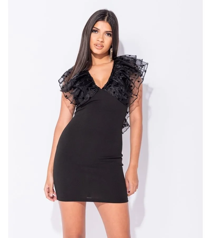 LUNARES SHEER MANGA DE LA COLMENA V DEL CUELLO BODYCON MINI VESTIDO  MUJER  NEGRO