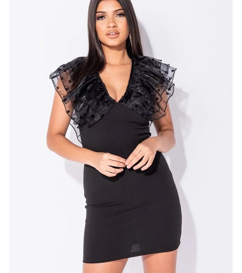 LUNARES SHEER MANGA DE LA COLMENA V DEL CUELLO BODYCON MINI VESTIDO  MUJER  NEGRO