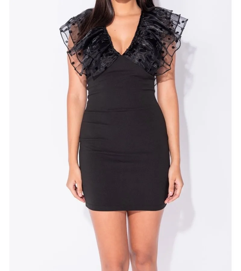 LUNARES SHEER MANGA DE LA COLMENA V DEL CUELLO BODYCON MINI VESTIDO  MUJER  NEGRO