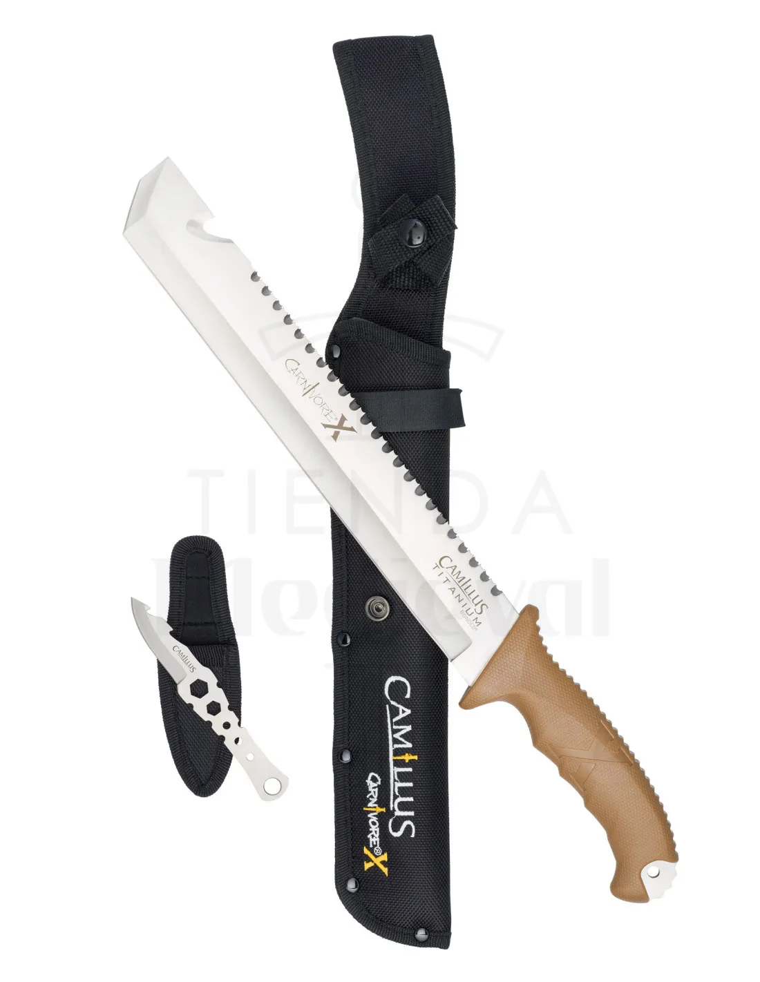 Machete táctico cortacañas Camillus modelo CARNIVORE X, con funda