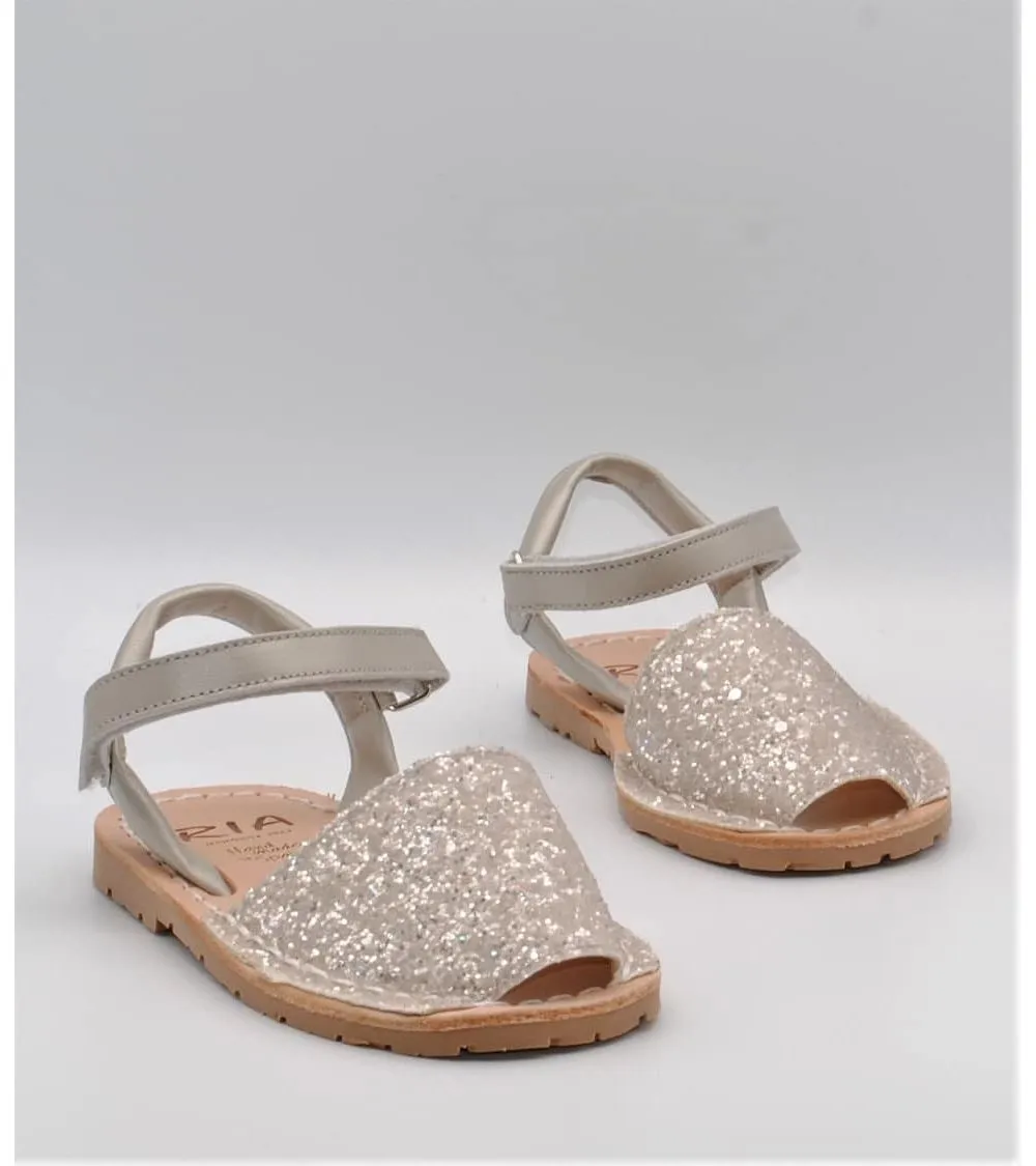 MENORQUINAS RIA NIÑA VELCRO GLITTER BEIGE NÁCAR PASTEL MOON