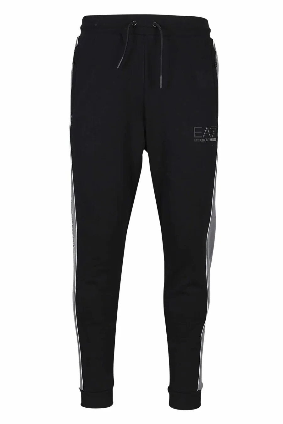 Pantalón de chándal negro con lineas grises laterales y minilogo 