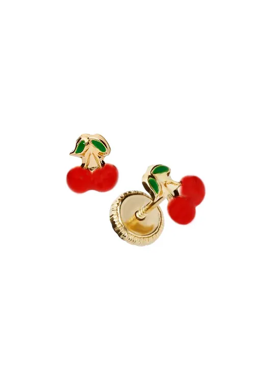 PENDIENTES PARA NIñA ORO 18 KTES  CEREZAS ESMALTADAS 019_4299E