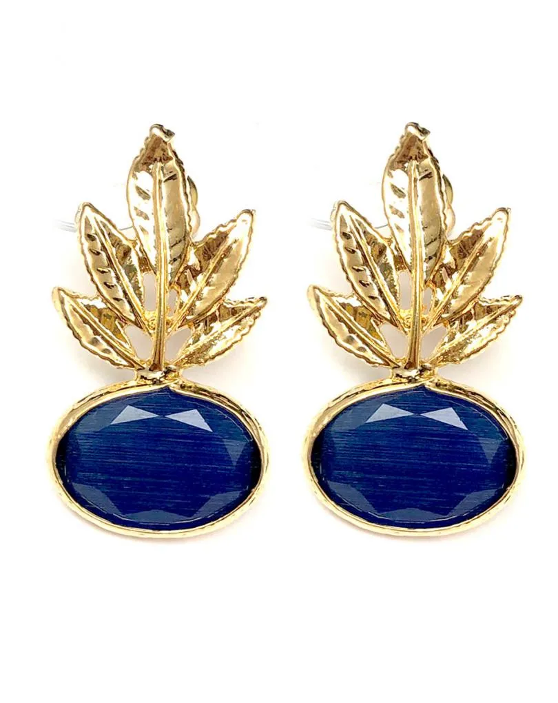 PENDIENTES PEQUEÑOS AZUL MARINO CON HOJITAS DORADAS
