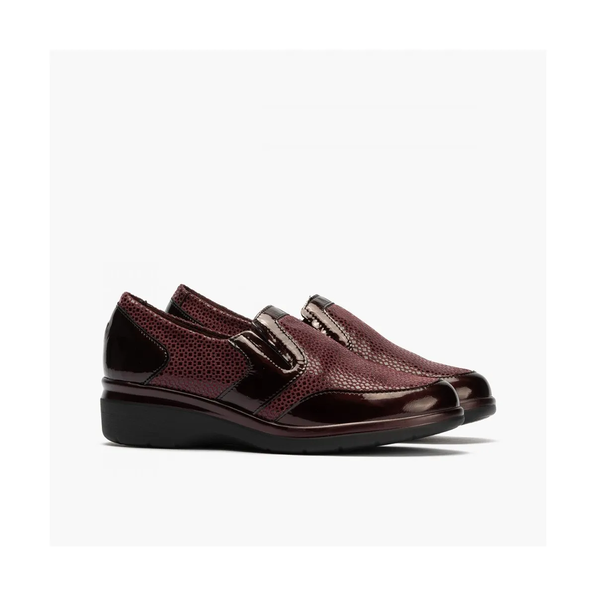 Pitillos mocasín cuña baja mujer burdeos y marrón P5310