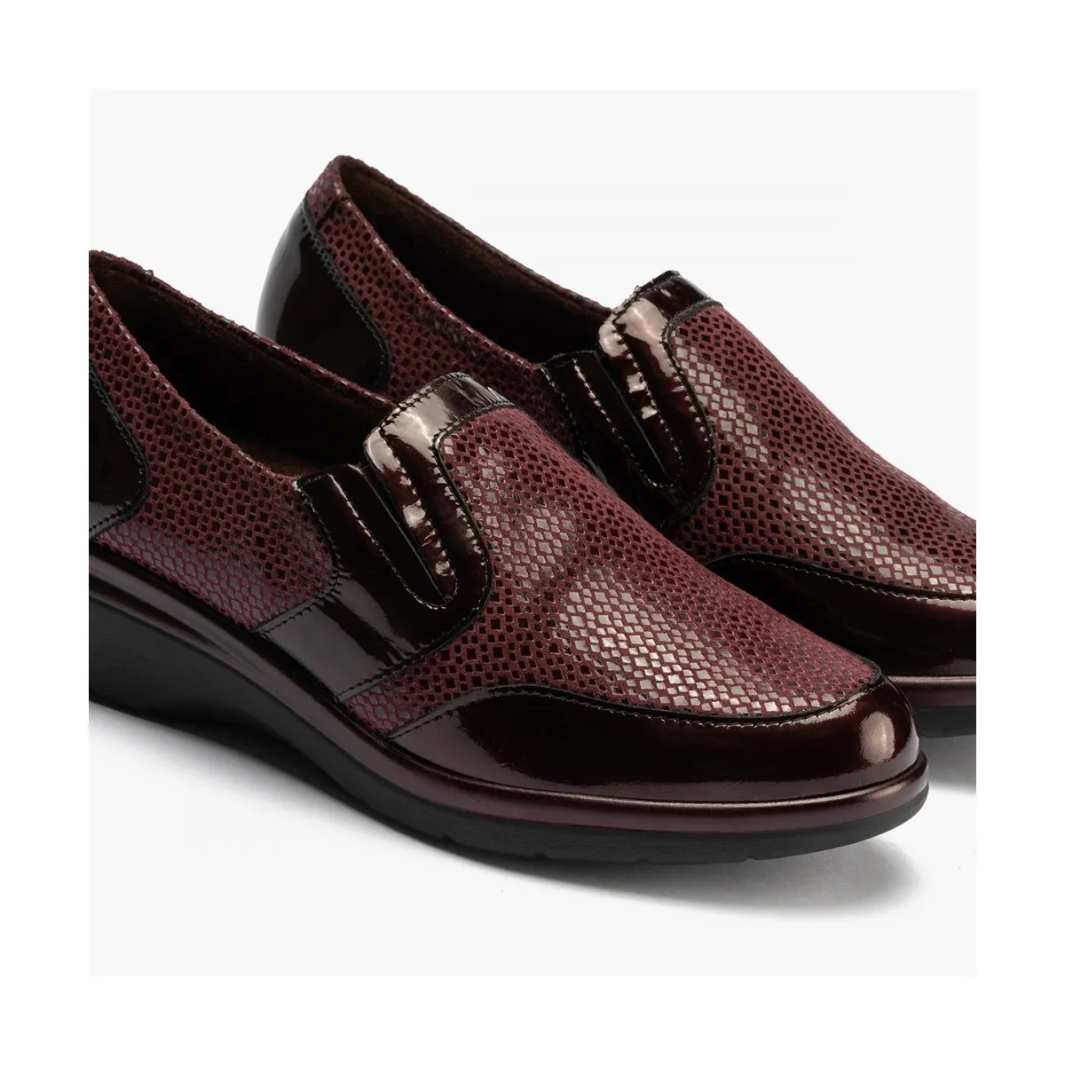 Pitillos mocasín cuña baja mujer burdeos y marrón P5310