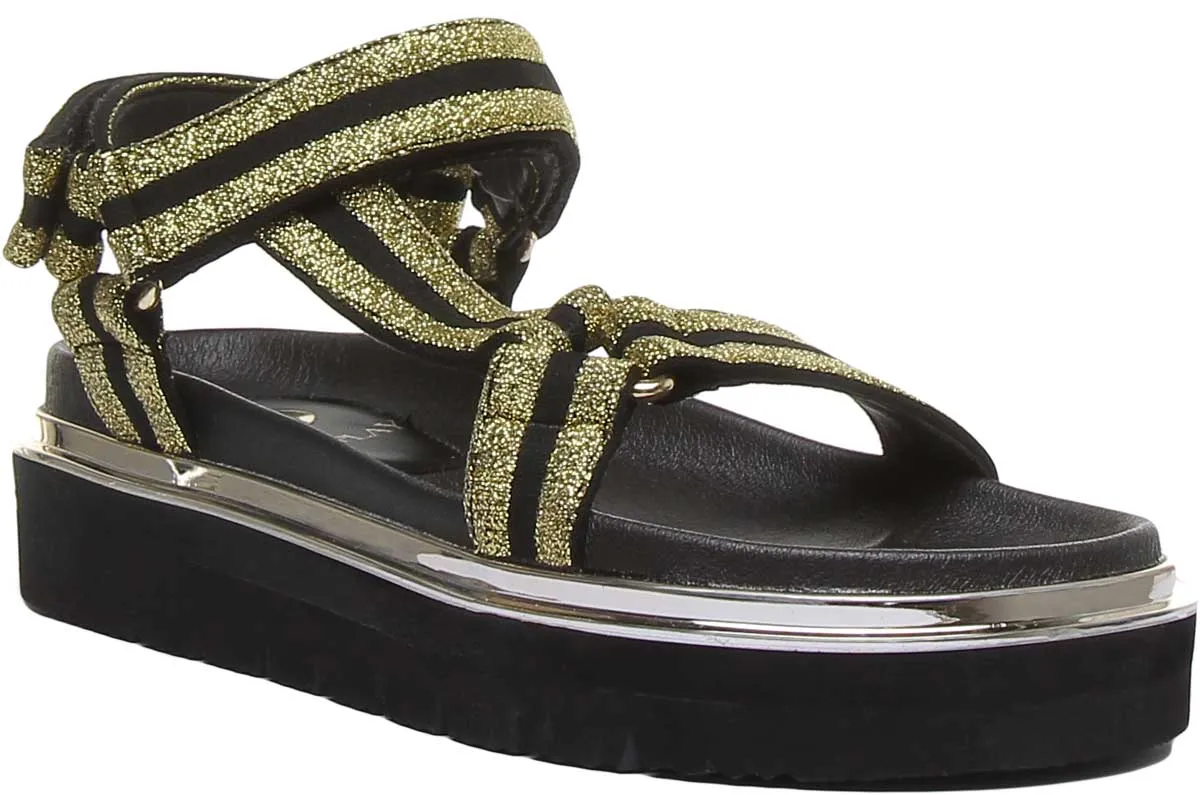 Replay Hyndem Sandalias de tiras de plataforma sintética para mujer en negro dorado