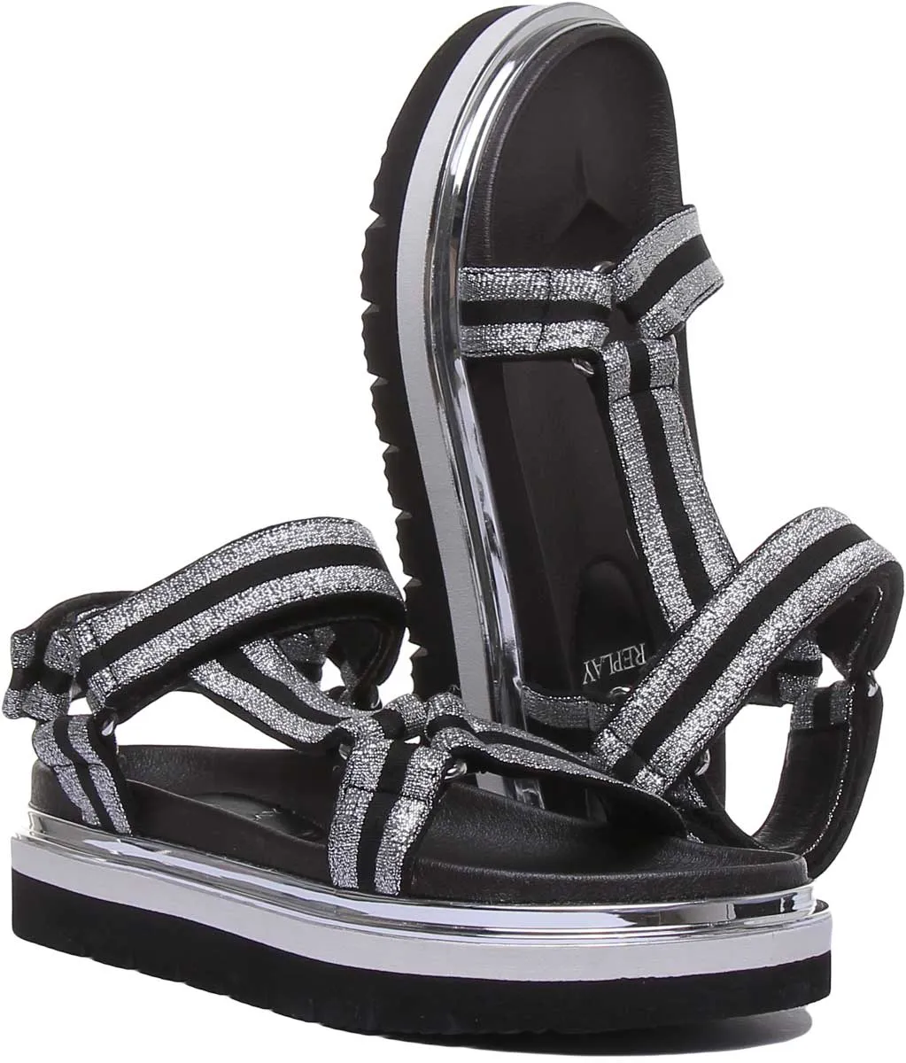 Replay Hyndem Sandalias de tiras de plataforma sintética para mujer en negro dorado
