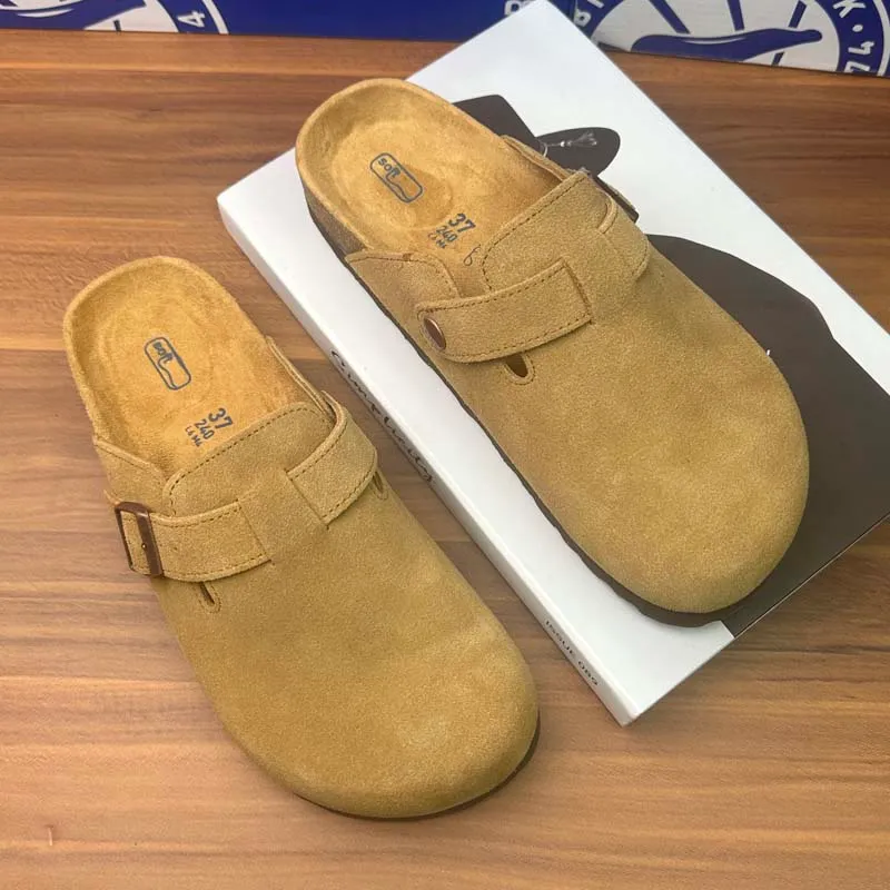 Sandalias de diseñador de moda zapatillas de lujo Tubas de gamuza Tapa de plato de corcho para mujeres Hebilla de cuero suave Aj