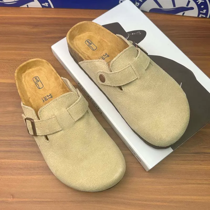 Sandalias de diseñador de moda zapatillas de lujo Tubas de gamuza Tapa de plato de corcho para mujeres Hebilla de cuero suave Aj