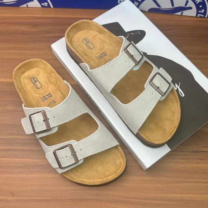 Sandalias de diseñador de moda zapatillas de lujo Tubas de gamuza Tapa de plato de corcho para mujeres Hebilla de cuero suave Aj