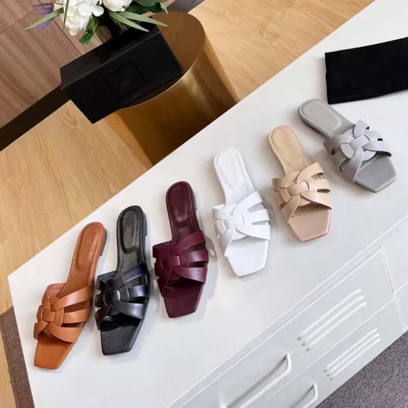 Sandalias de diseñador para mujer, sandalias planas de tributo, zapatillas deslizantes para mujer, zapatillas deslizantes de cue