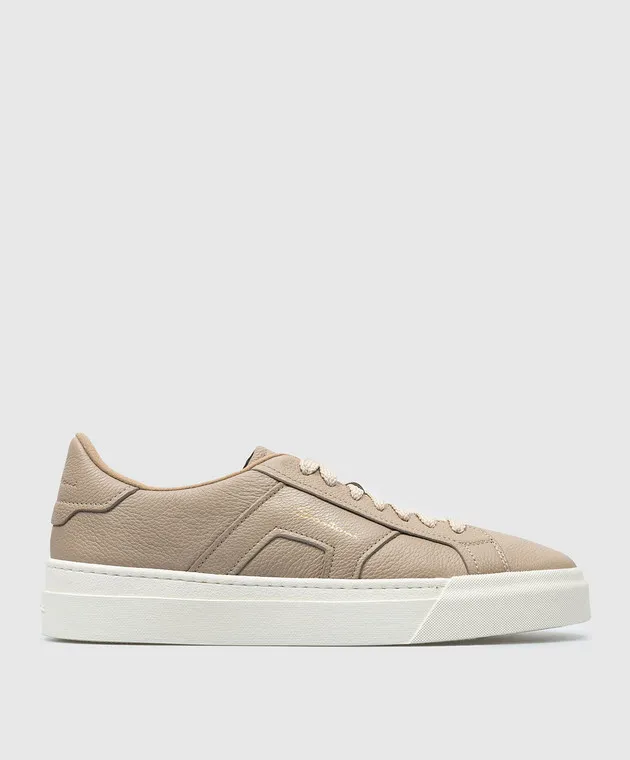 Santoni Beige leather Double Buckle sneakers with logo