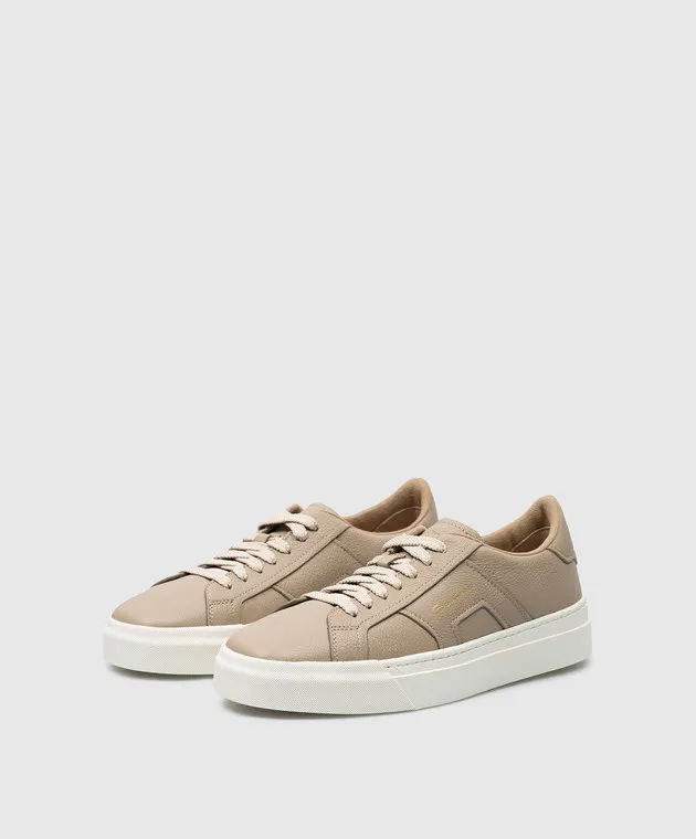 Santoni Beige leather Double Buckle sneakers with logo