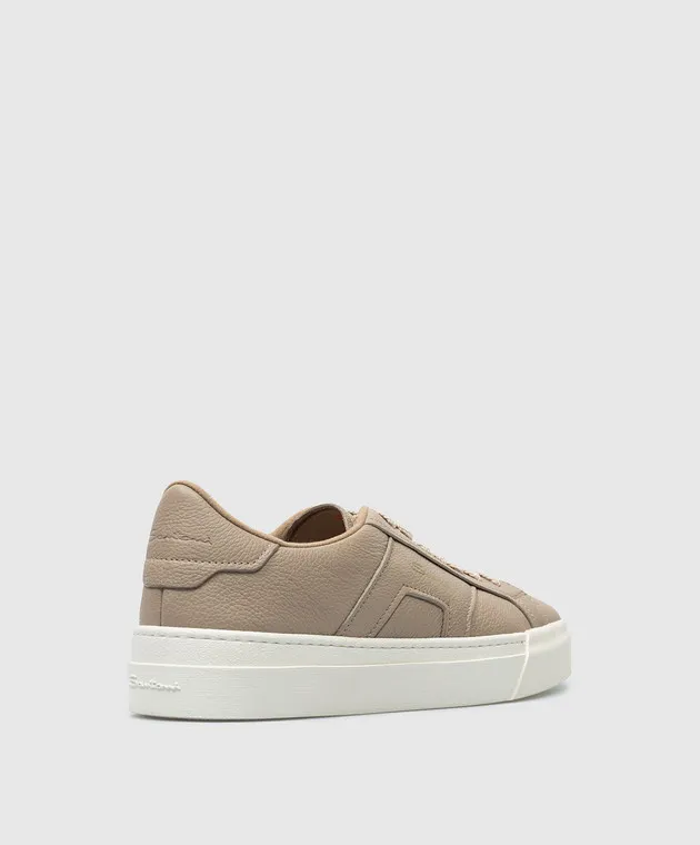 Santoni Beige leather Double Buckle sneakers with logo