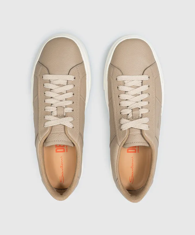 Santoni Beige leather Double Buckle sneakers with logo
