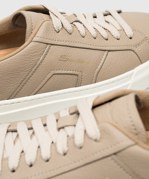 Santoni Beige leather Double Buckle sneakers with logo