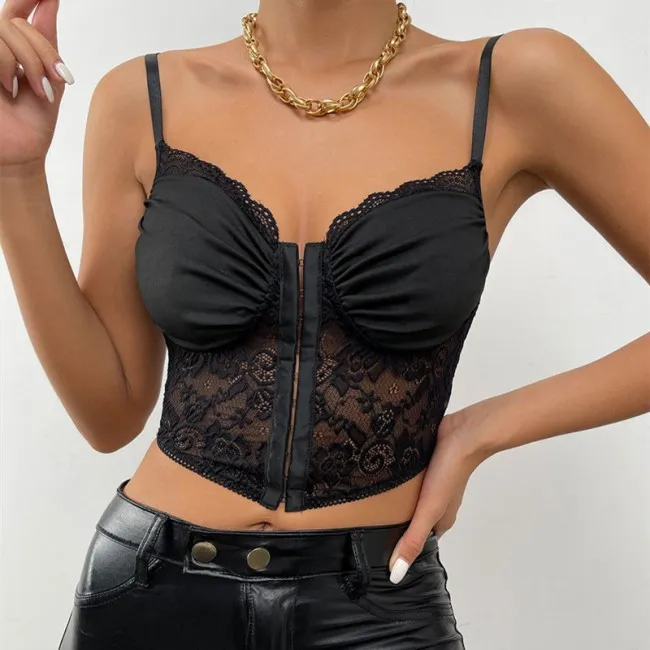 Sexy Flower Lace Button Pleated Pattern Suspender Belt Vest Bralette For Women Racerback Crop Top Bra Bustier Lingerie Corset Ca