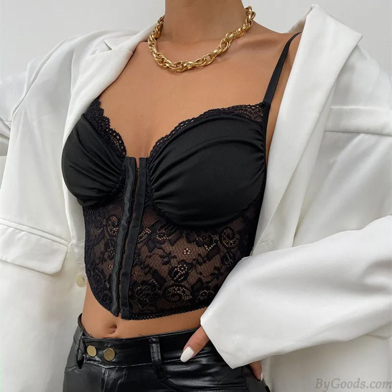 Sexy Flower Lace Button Pleated Pattern Suspender Belt Vest Bralette For Women Racerback Crop Top Bra Bustier Lingerie Corset Ca