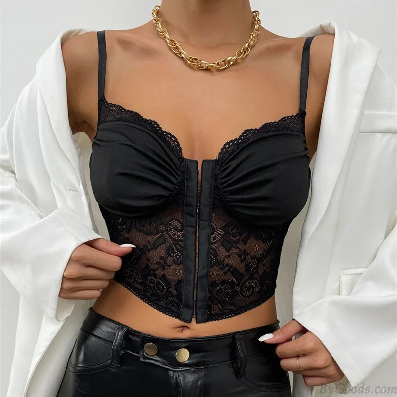 Sexy Flower Lace Button Pleated Pattern Suspender Belt Vest Bralette For Women Racerback Crop Top Bra Bustier Lingerie Corset Ca