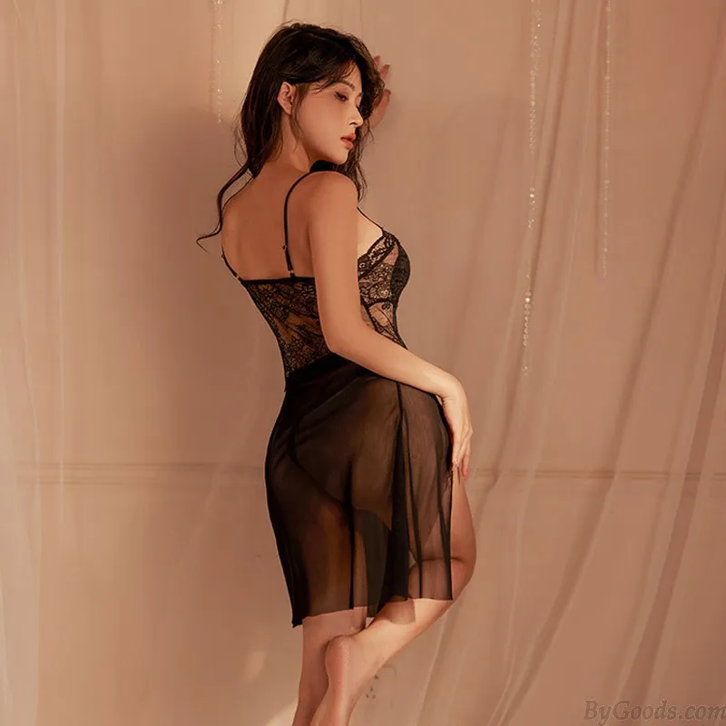 Sexy Flower Lace Side Slit Mesh Nightdress Wedding See Through Lingerie Robe Babydoll Sling Chemise 