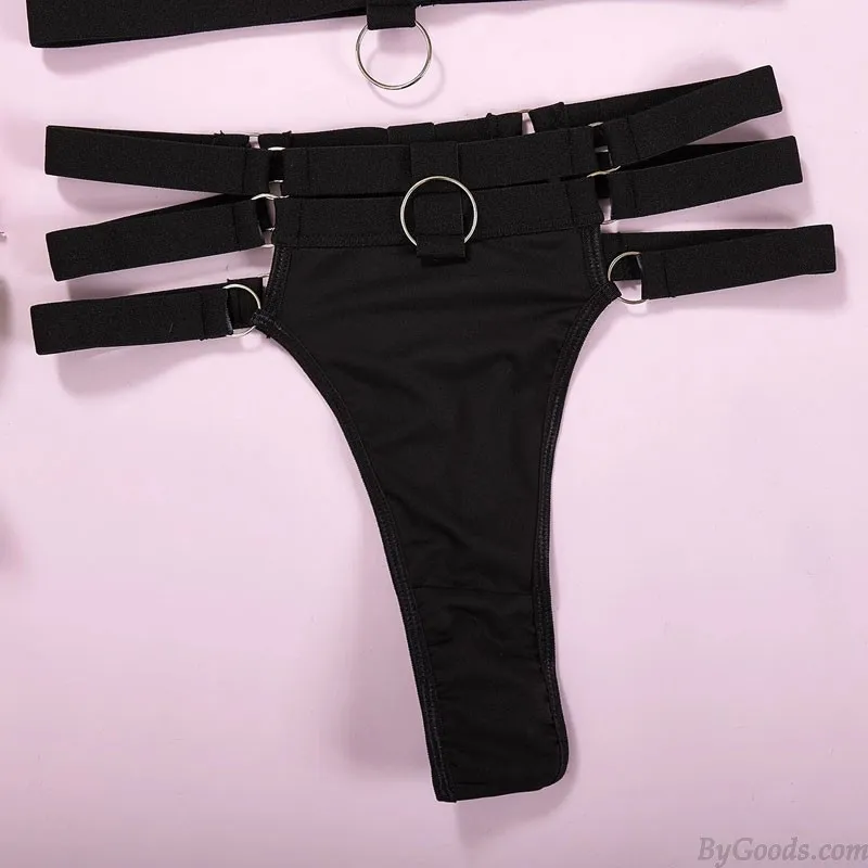 Sexy Ring Choker Bra Panty 3 Piece Set Exotic Underwear Push Up Slutty High Rise Intimate Women's Lingerie