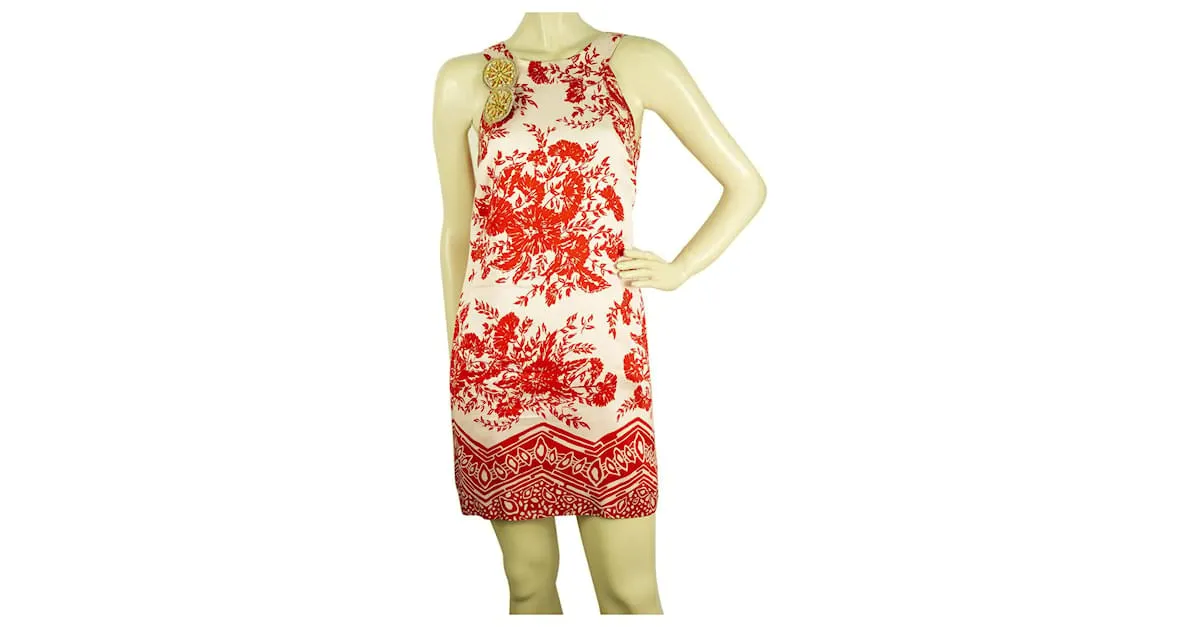 TIBI MINI VESTIDO DE VERANO DE SEDA SIN MANGAS FLORAL BLANCO Y ROJO SZ 4 ROJA 
