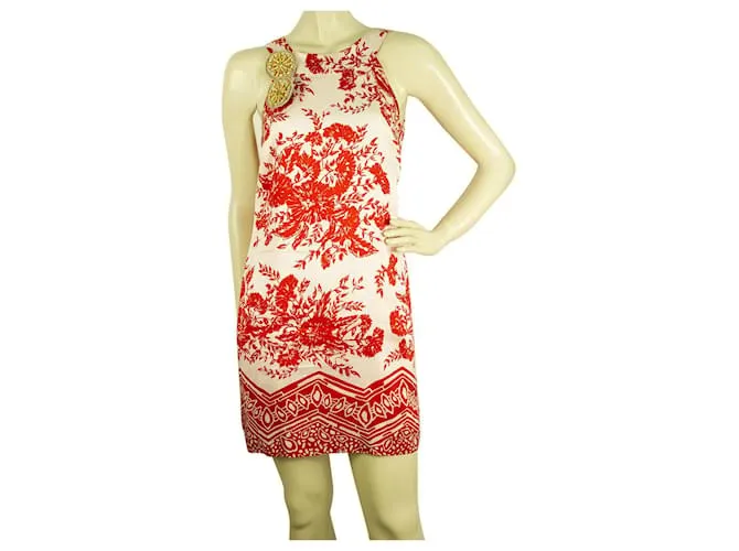TIBI MINI VESTIDO DE VERANO DE SEDA SIN MANGAS FLORAL BLANCO Y ROJO SZ 4 ROJA 