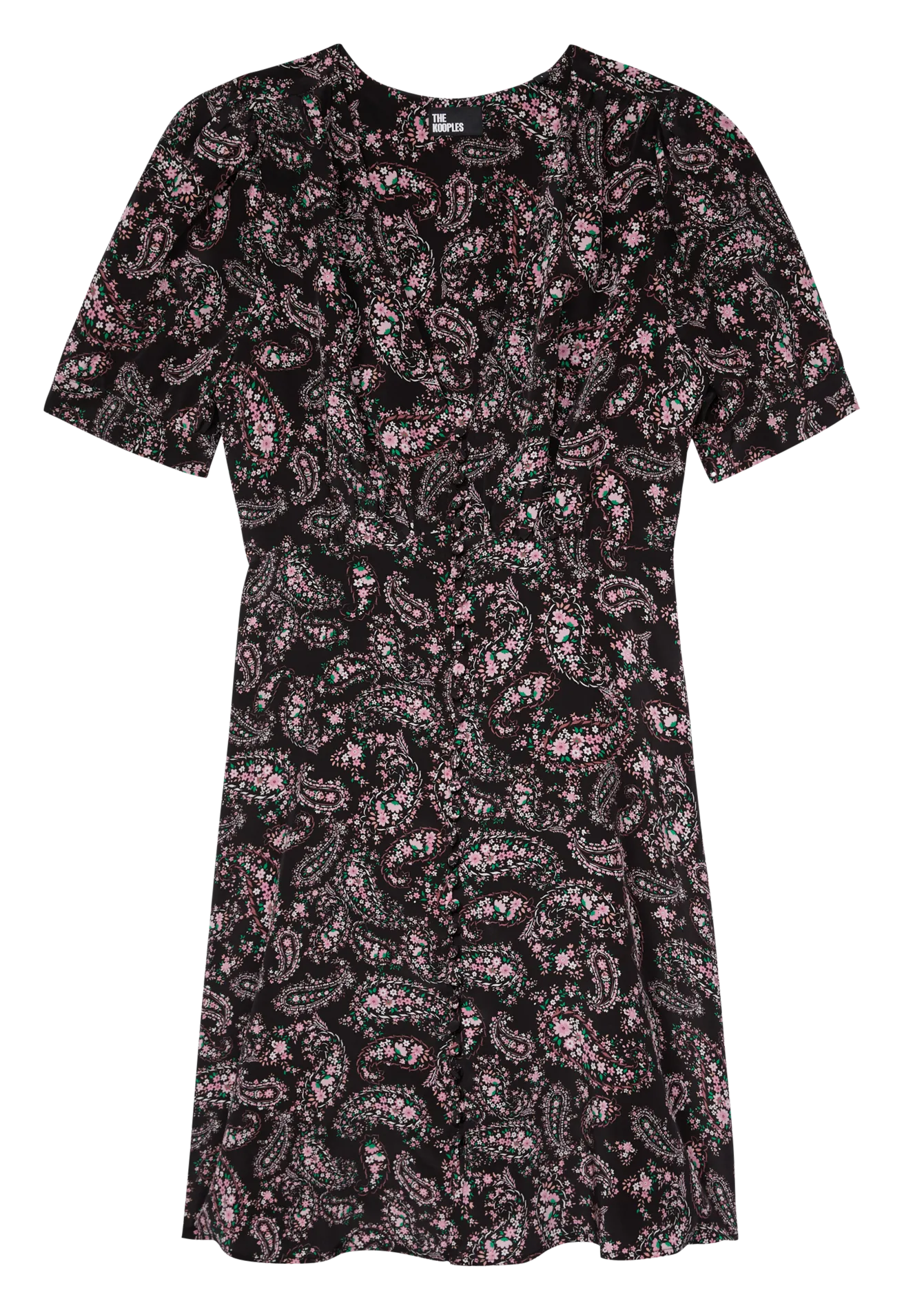 Vestido corto de seda estampado con cuello de pico en negro