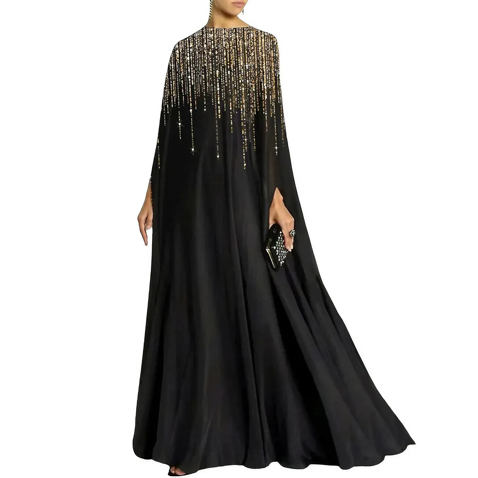 Vestido de noche de fiesta de lujo elegante de lujo femenino Cuello redondo Mangas largas Banquete Vestidos Maxi de fiesta para 