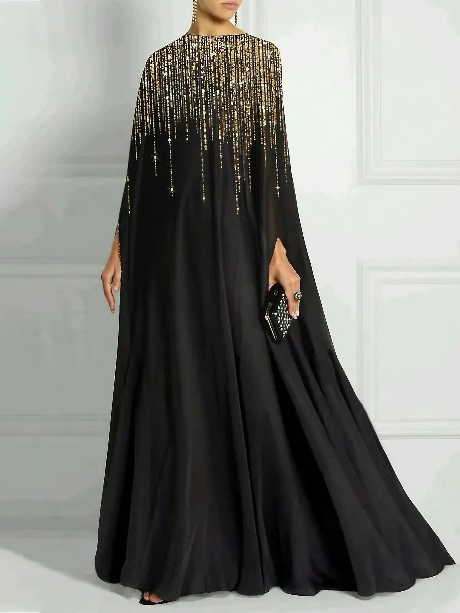 Vestido de noche de fiesta de lujo elegante de lujo femenino Cuello redondo Mangas largas Banquete Vestidos Maxi de fiesta para 