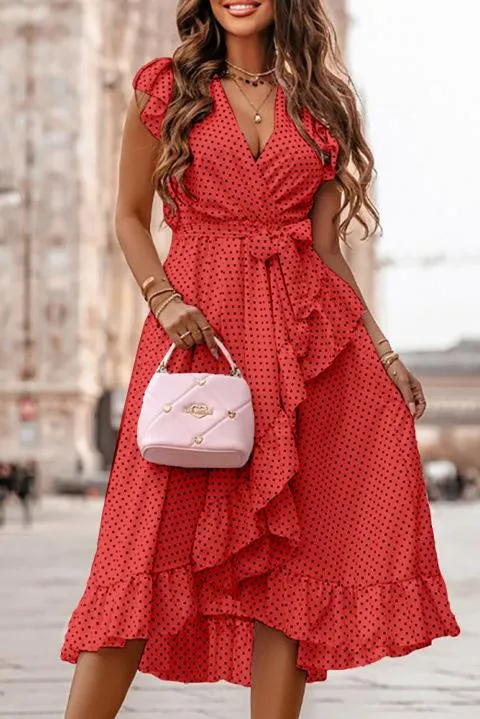 Vestido midi con estampado de lunares, rojo