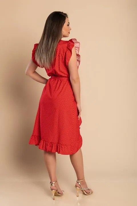 Vestido midi con estampado de lunares, rojo