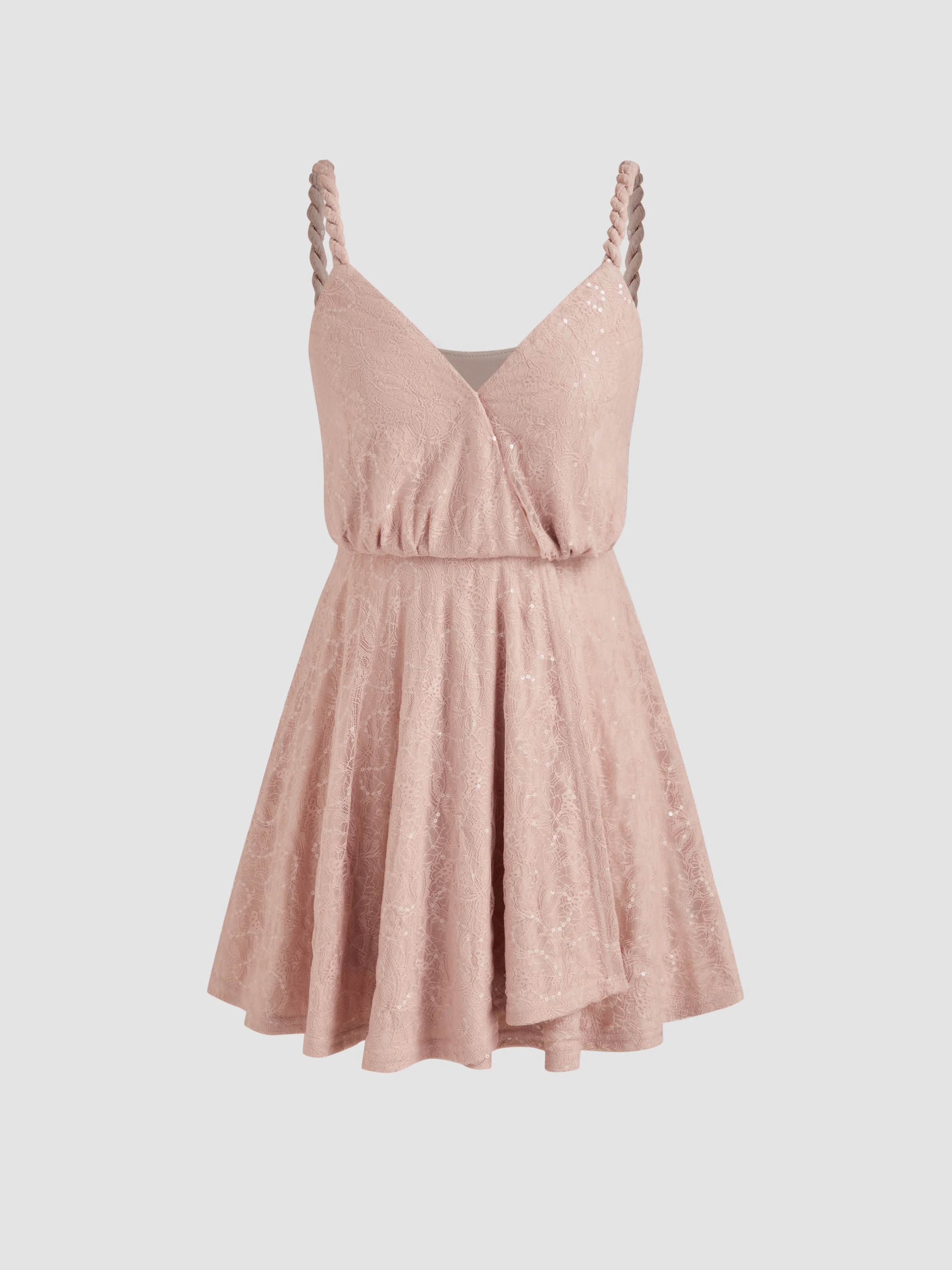 Vestido Mini con Detalle de Trenza y Escote en V de Lentejuelas