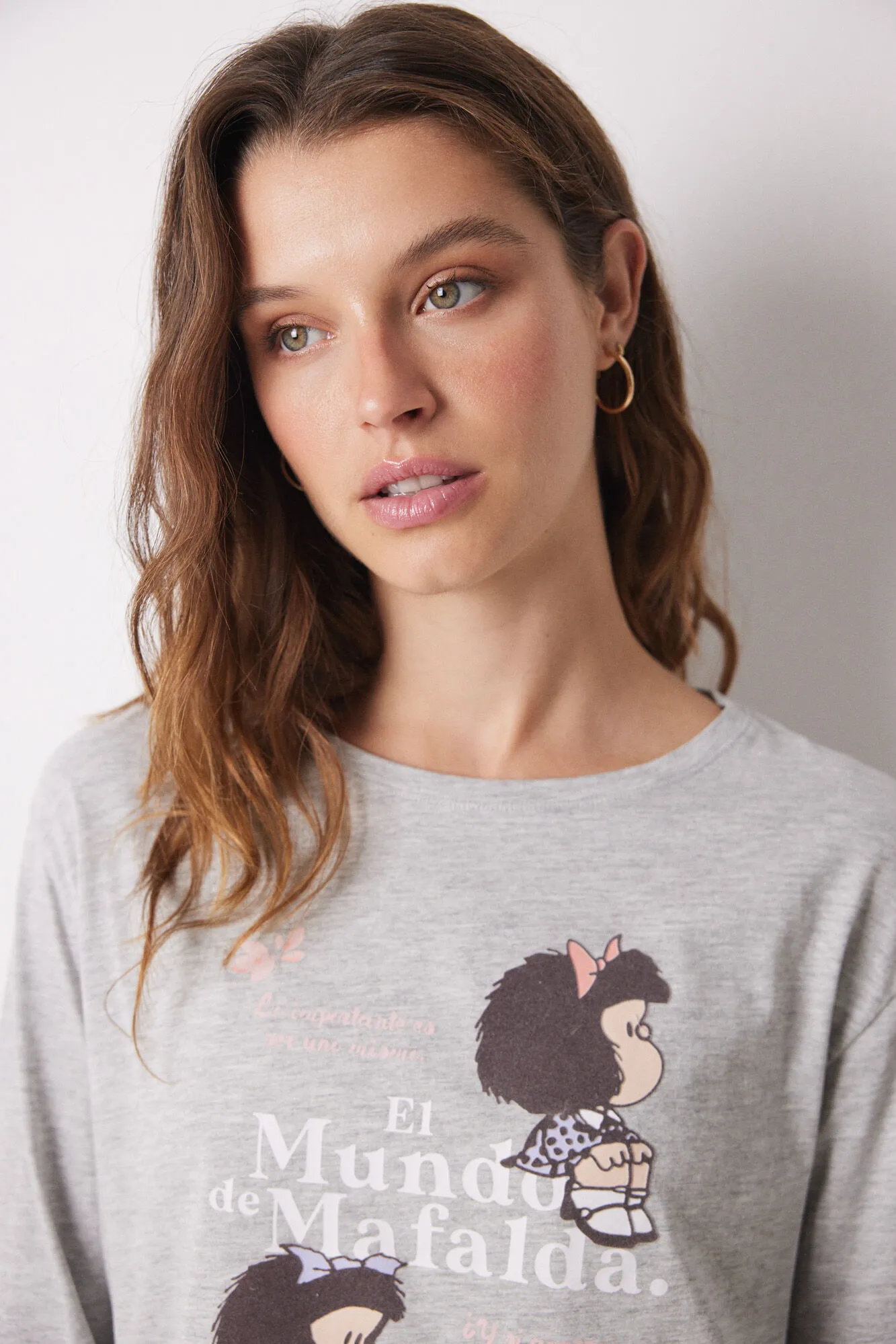 Women'secret Pijama largo 100% algodón Mafalda gris