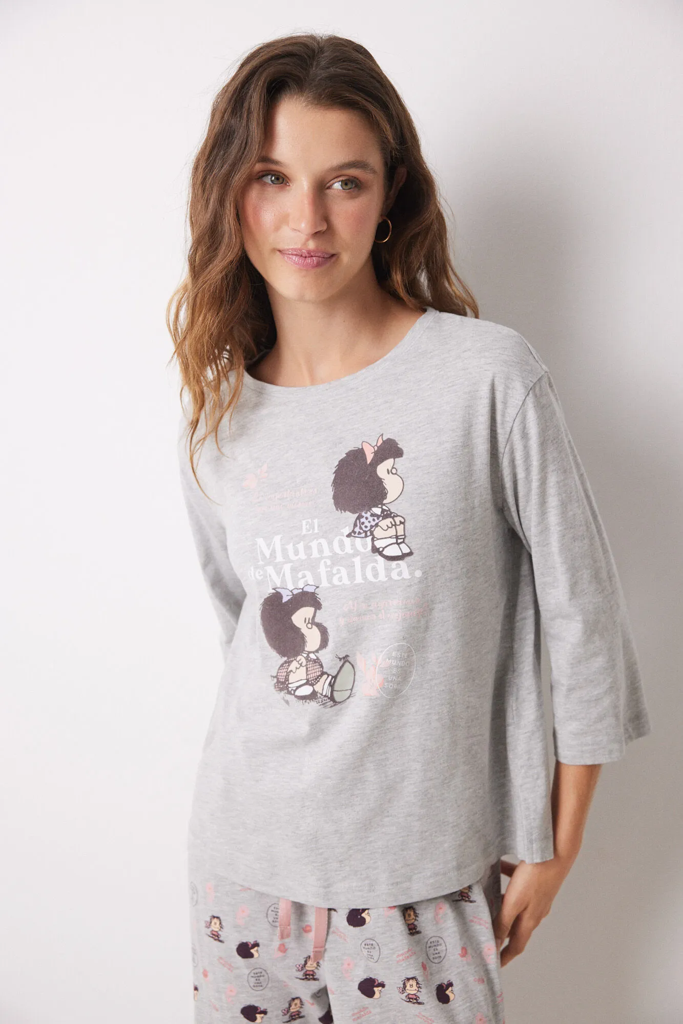 Women'secret Pijama largo 100% algodón Mafalda gris