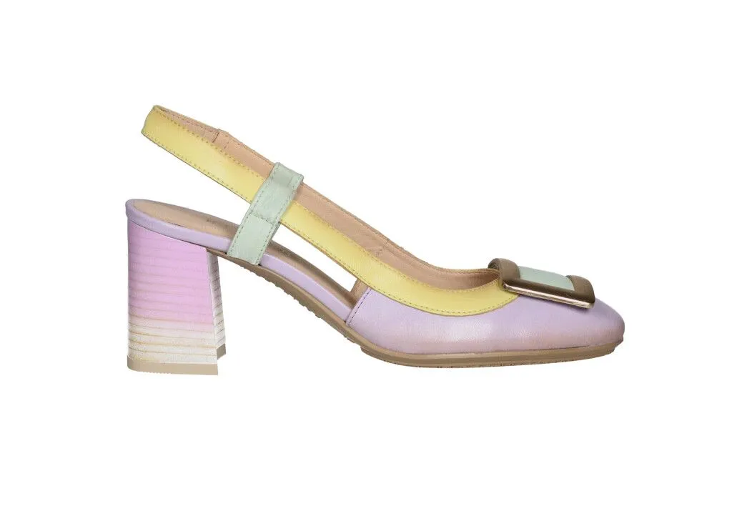 ZAPATO TALóN ABIERTO PIEL LILAAMARILLOVERDE AGUA PALA ESLABON TACóN ALTO
