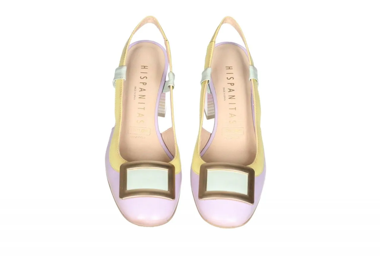 ZAPATO TALóN ABIERTO PIEL LILAAMARILLOVERDE AGUA PALA ESLABON TACóN ALTO